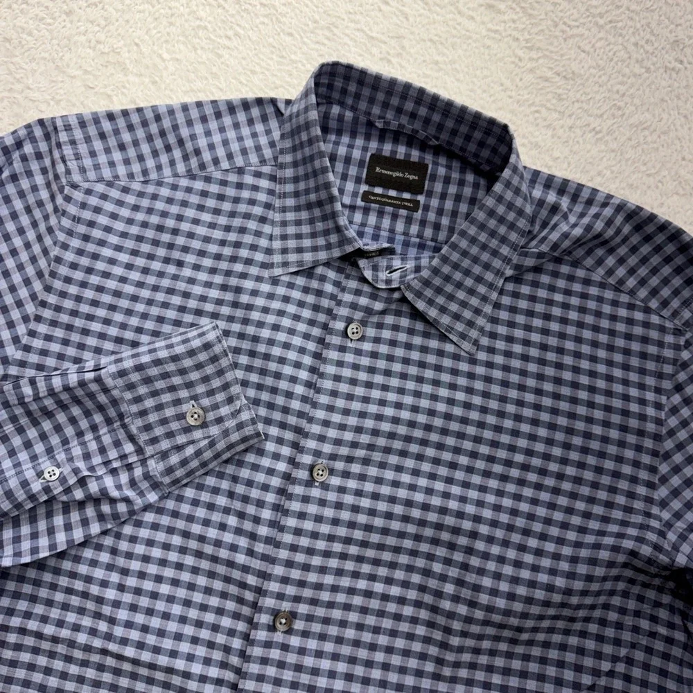 Ermenegildo Zegna Mens Blue Gingham Centoquaranta Twill Button Down Shirt Size M